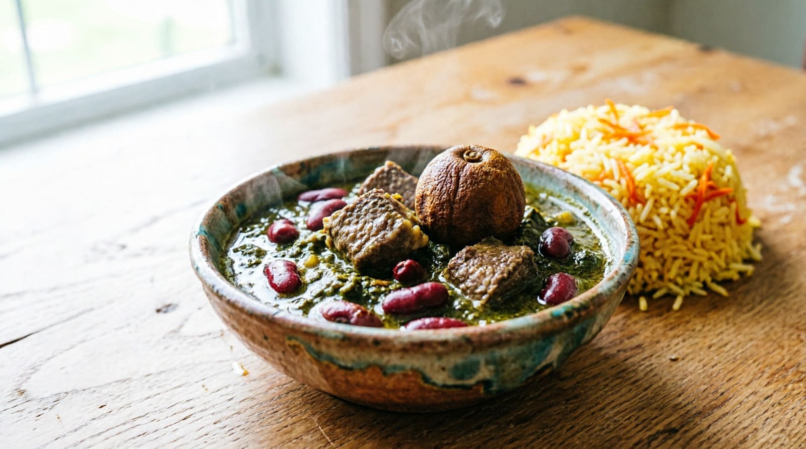 قورمه سبزی کم‌چرب با برنج